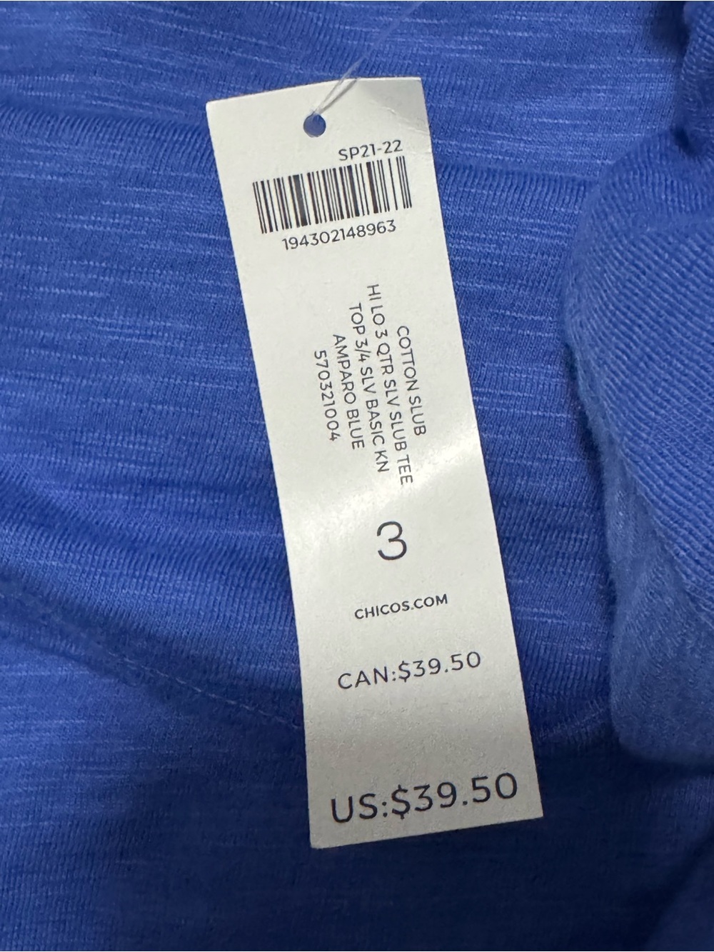 Chico's Amparo Blue Cotton Slub Hi-Lo 3/4 Sleeve Tee Top Size 3 NWT - Picture 3 of 4